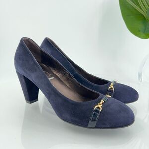 AGL Italy Women's Pump Size 36 6 Buckle Blue Gold Heel Suede Career